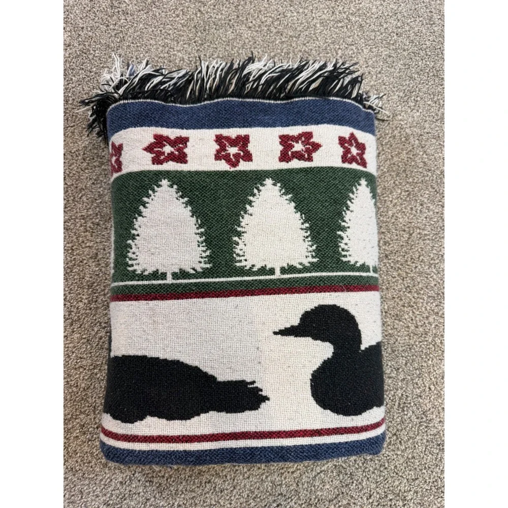 Vintage Common Loon Gavia Immer Woven Tapestry Throw Blanket Fringed Cabin Decor